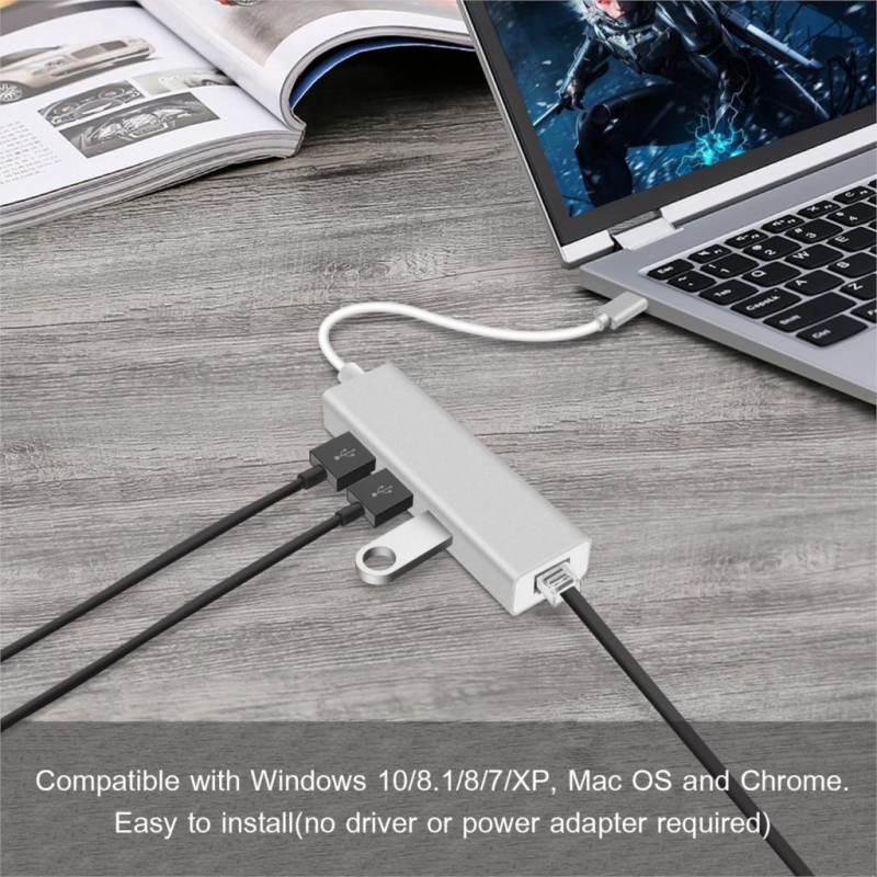 Adapter Type C na 3 USB 3.0 + RJ45 Gb JWD-T5 srebrni