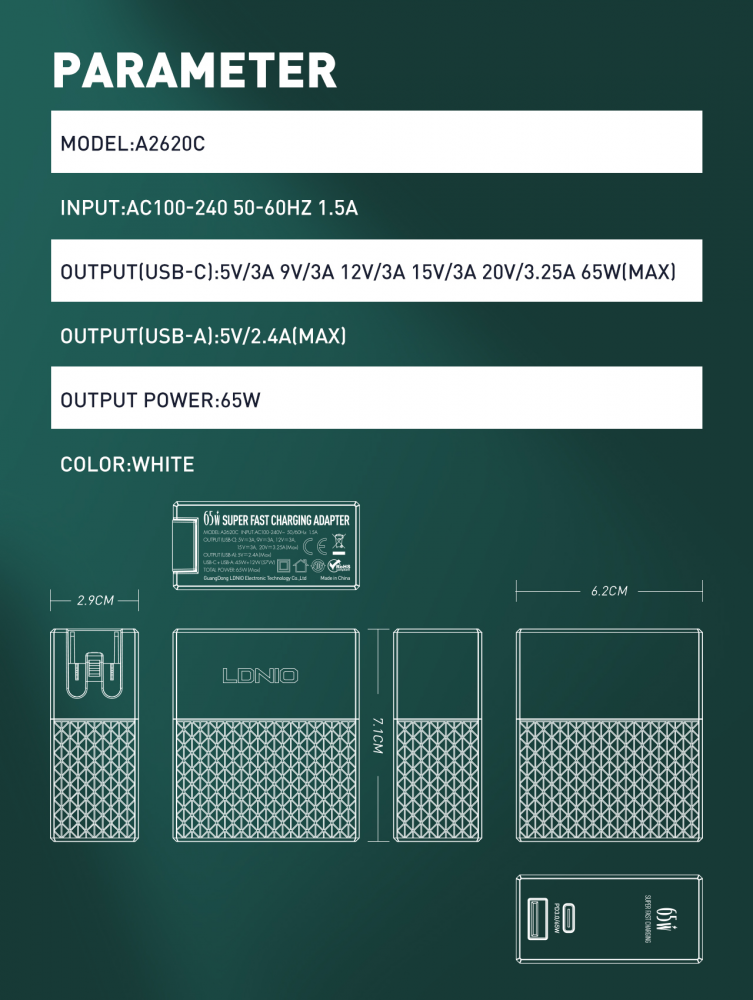 Kucni punjac LDNIO A2620C PD+QC3.0 65W sa Type C na Type C kablom