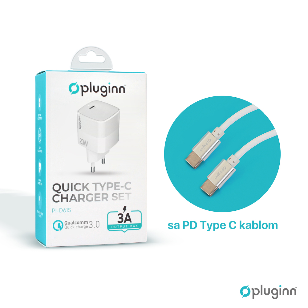 Kucni punjac Pluginn PI-D61S, PD3.0, PPS, 20W sa PD Type C kablom beli CE