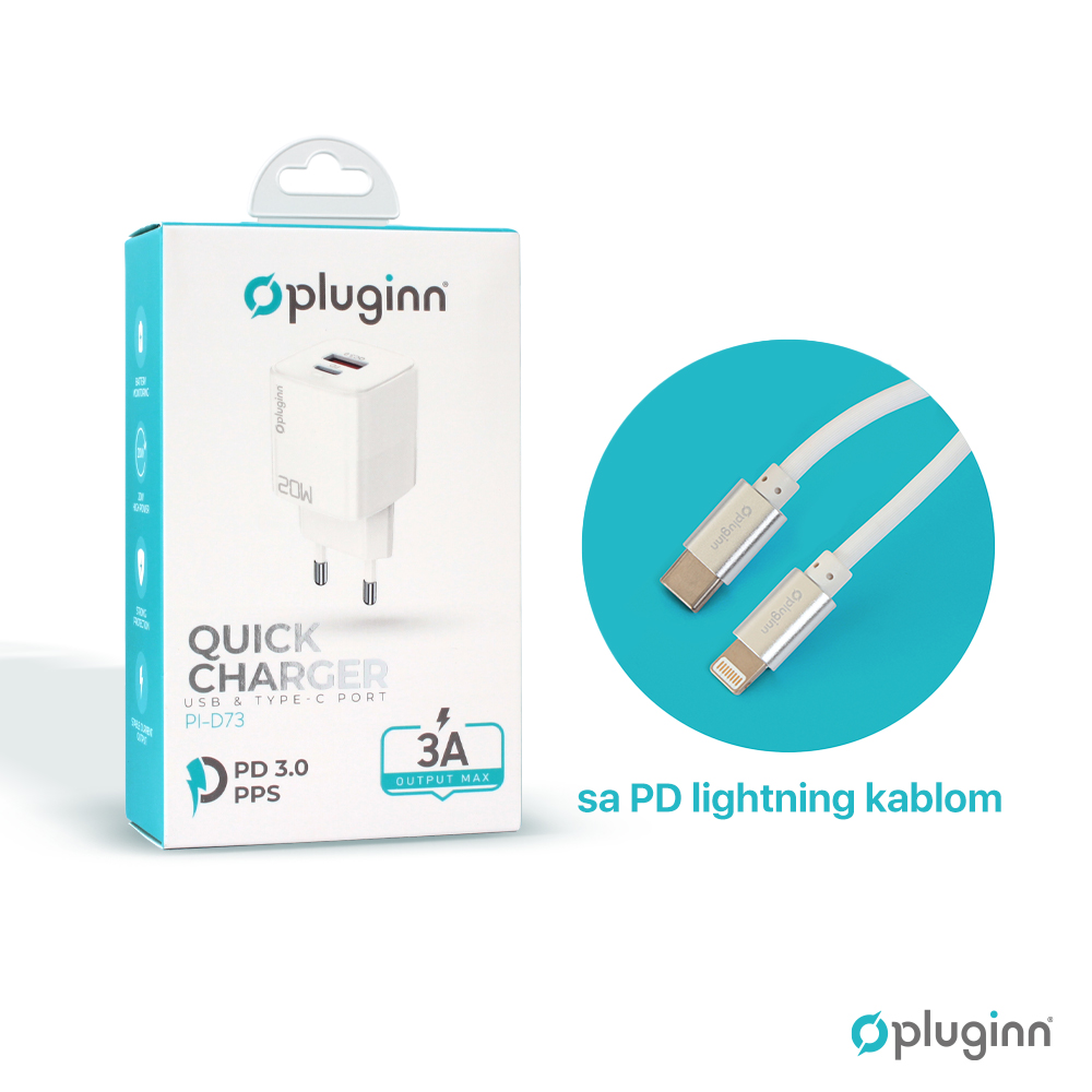 Kucni punjac Pluginn PI-D73, QC3.0 PD3.0, PPS, USB-PD 18W+20W, 38W (total) sa PD iPhone lightning kablom beli CE