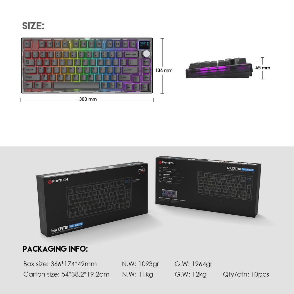 Tastatura Mehanicka Gaming Fantech MK910 RGB PBT Maxfit81 Frost Wireless crna (blue switch)