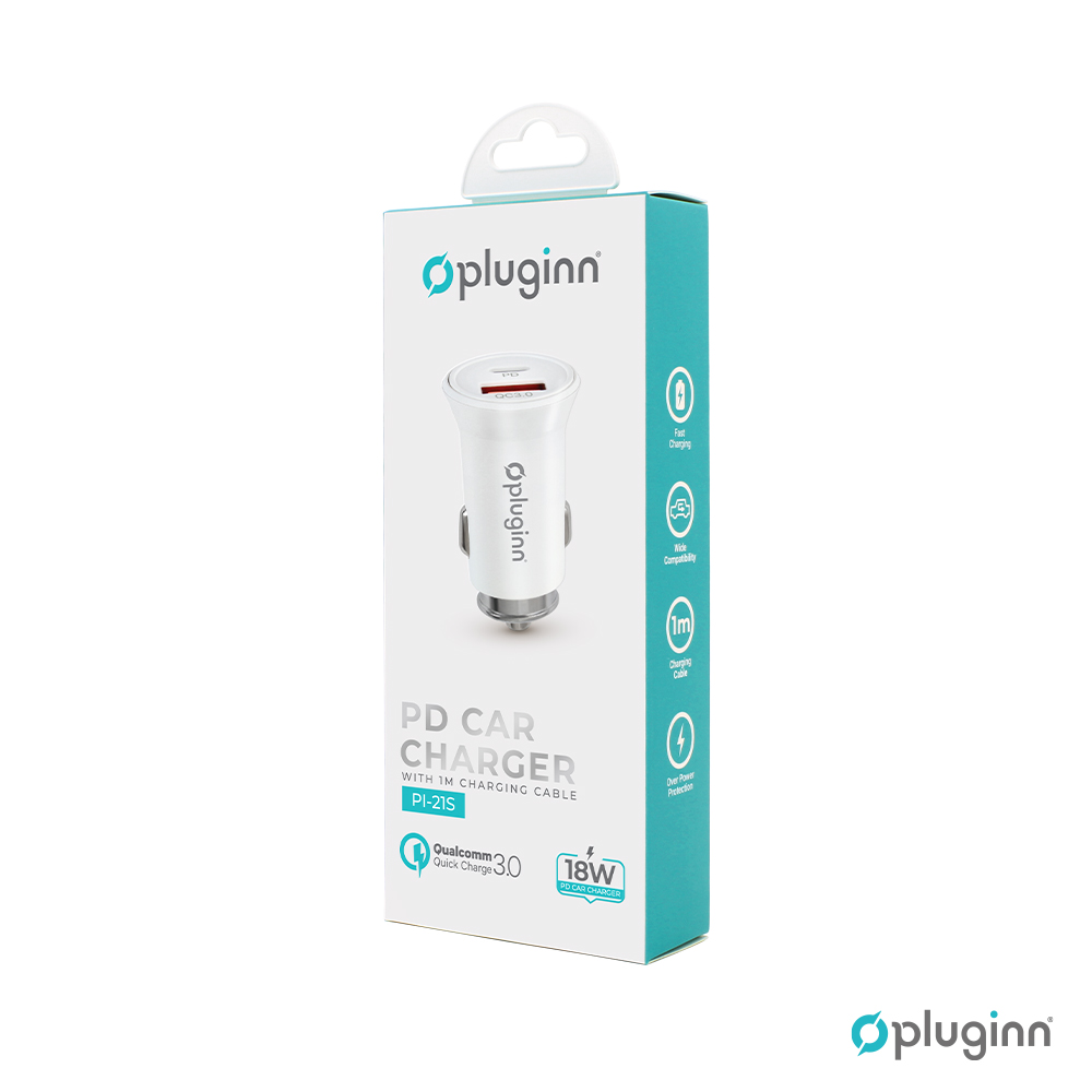 Auto punjac Pluginn PI-21S, PD 20W, QC 3.0 18W, sa lightning kablom beli