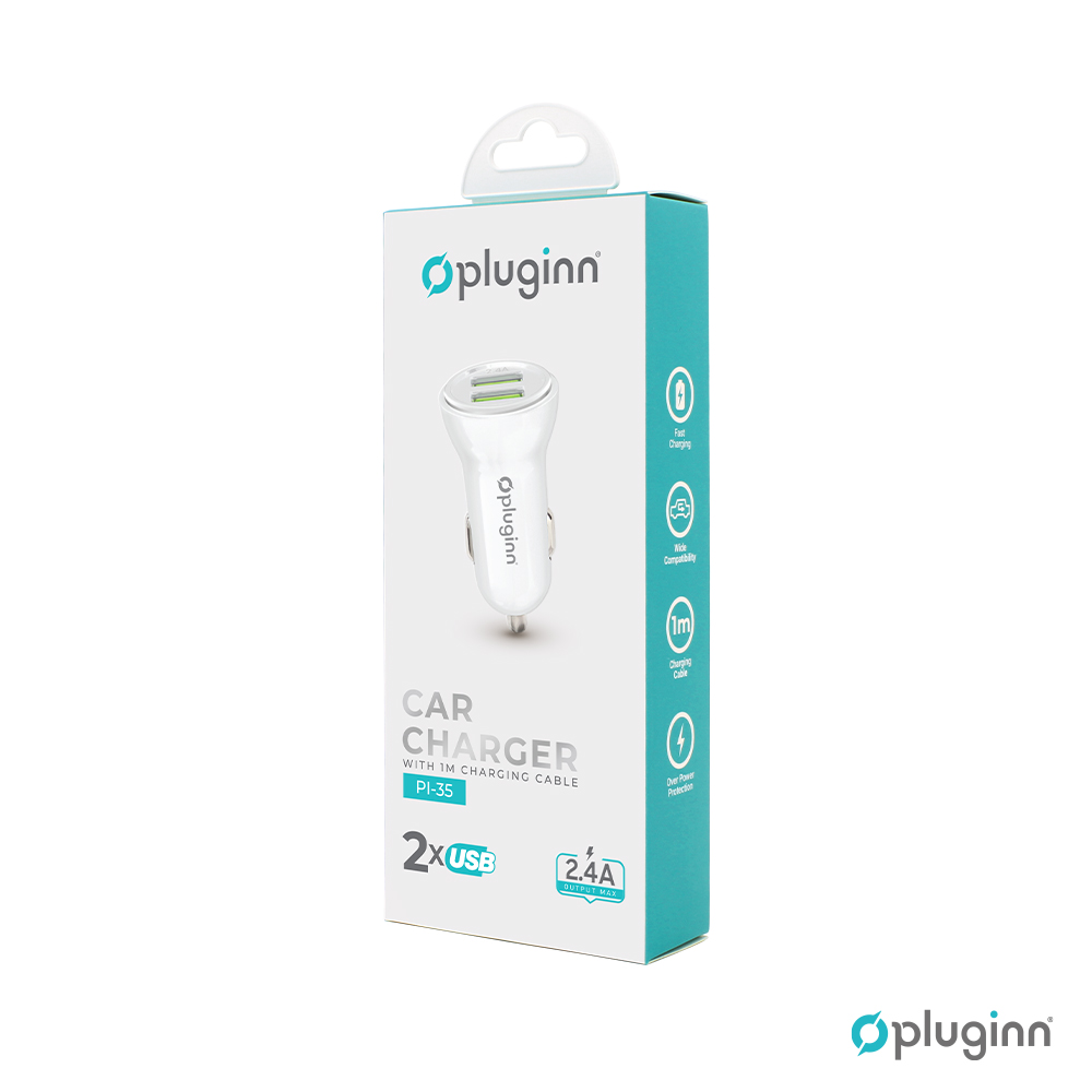 Auto punjac Pluginn PI-35 2xUSB, 2.4A sa Type C kablom beli