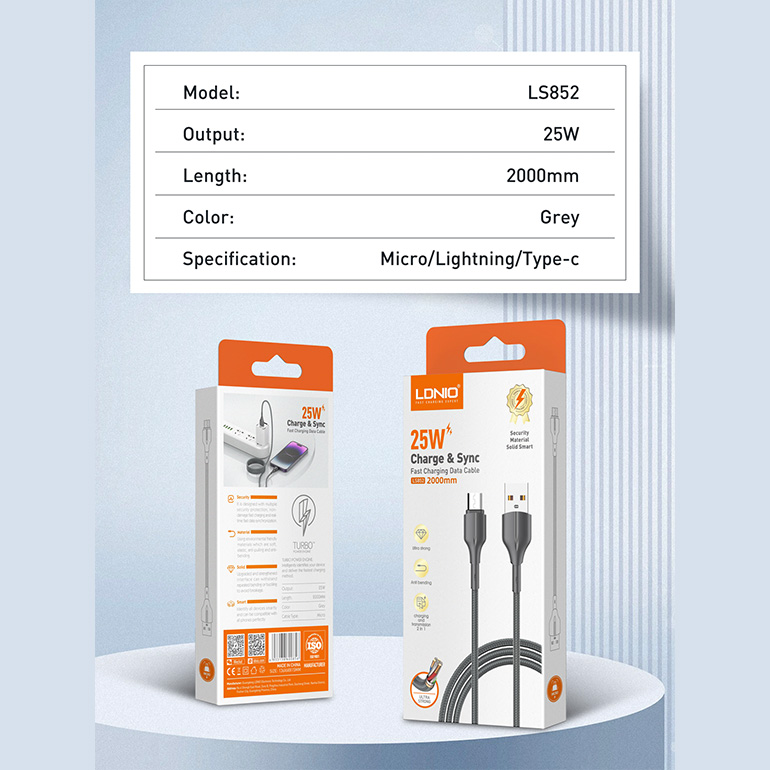 Data kabl LDNIO LS851 25W Fast micro USB sivi 1m