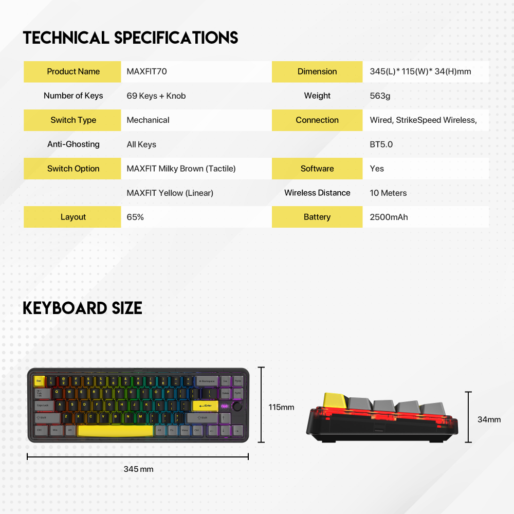Tastatura Mehanicka Gaming Fantech MK911 RGB Vibe Maxfit 70 Epic Greyscale Wireless (Yellow switch)