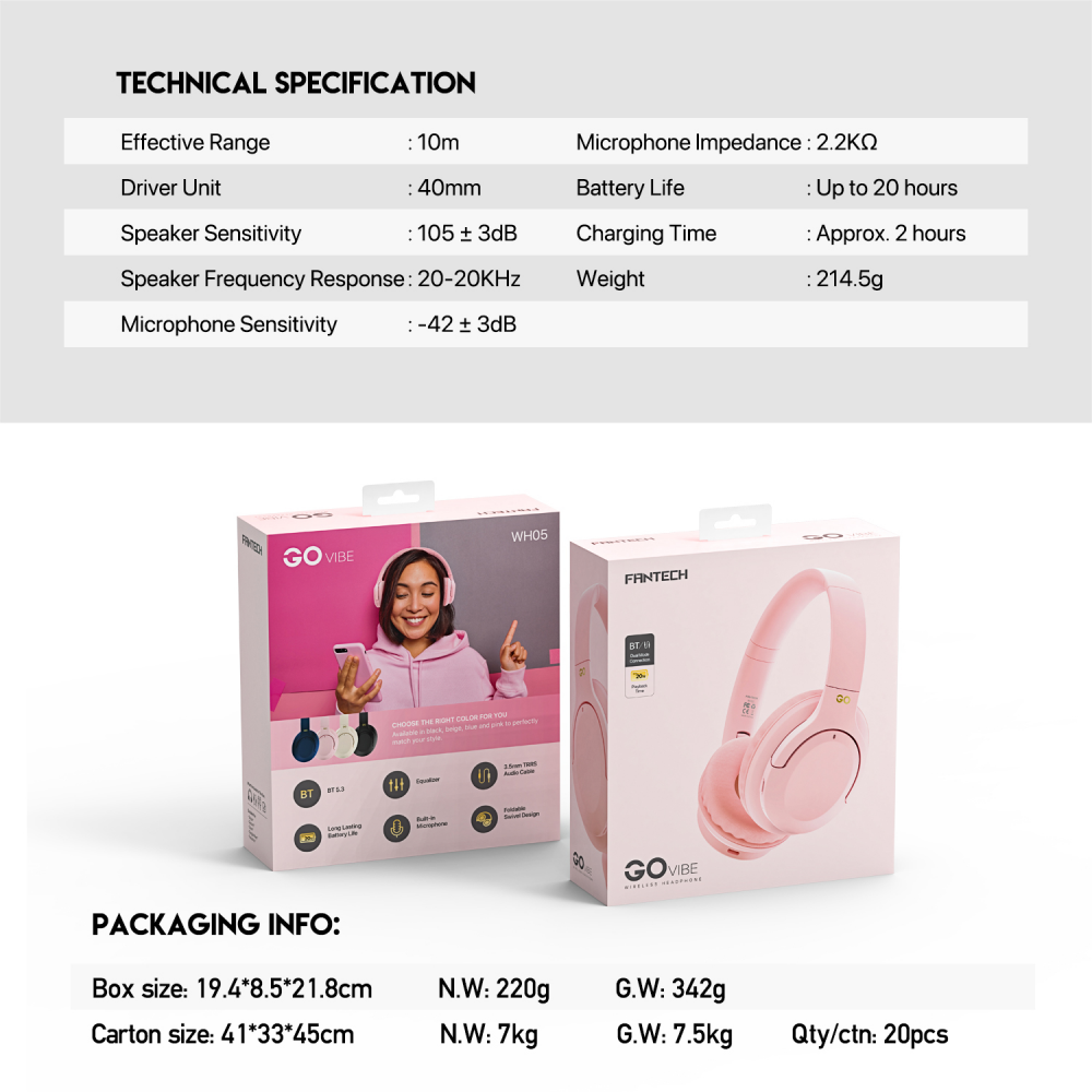 Bluetooth slusalice Fantech GO Vibe WH05 pink