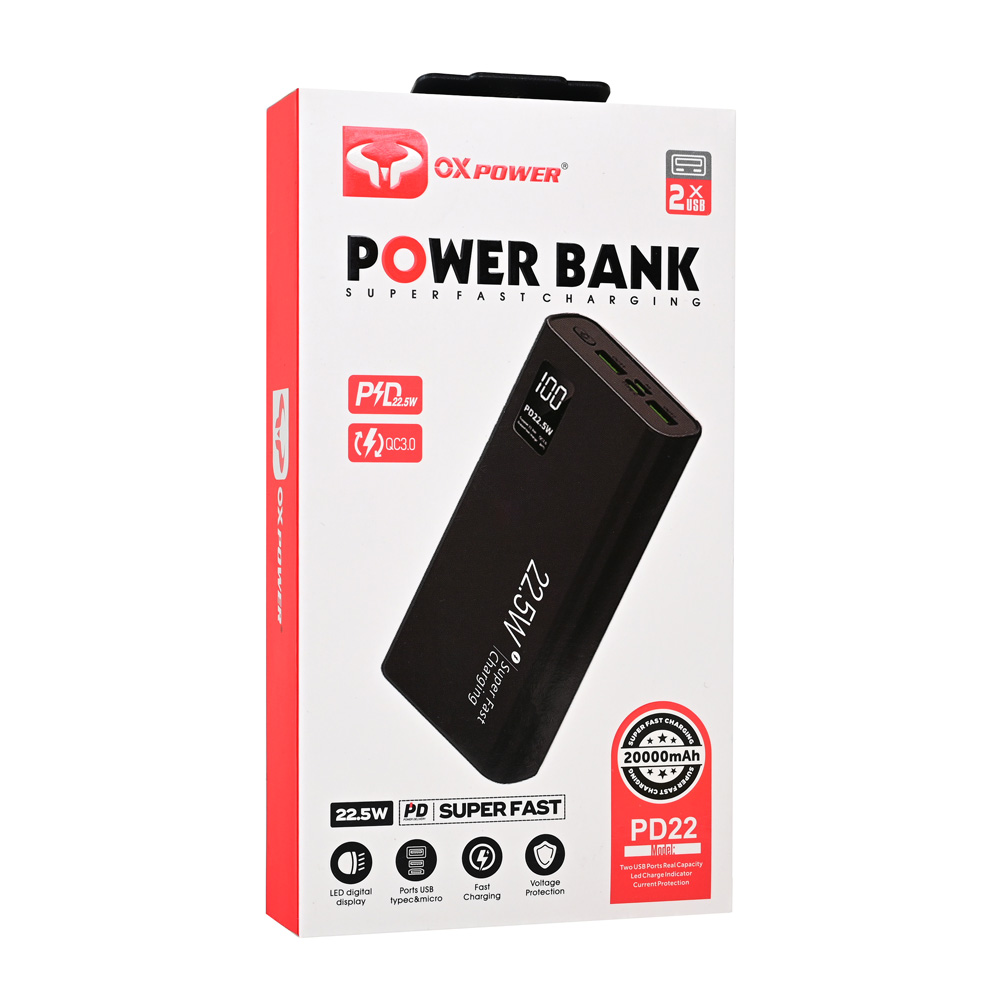 Power bank prenosiva baterija Oxpower PD22 20000mAh crna