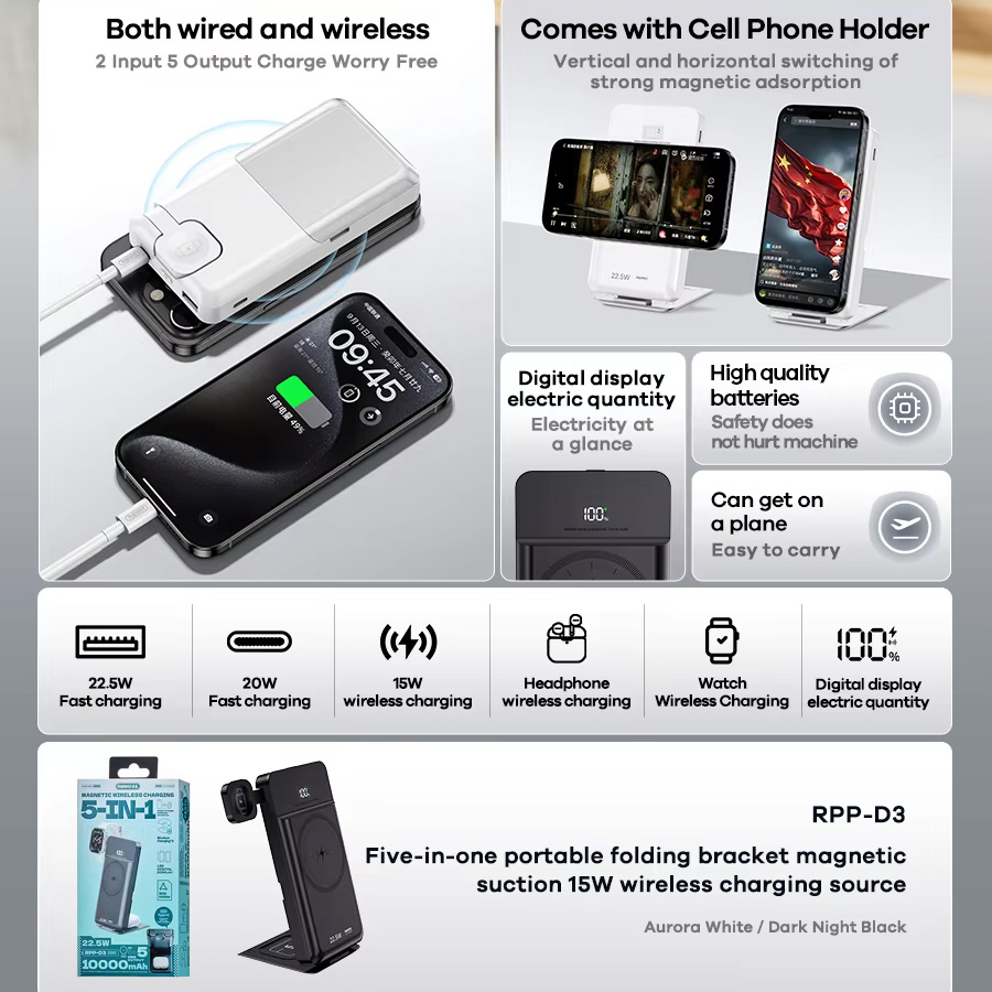 Power bank prenosiva baterija REMAX RPP-D3 20W+22.5W Fast Charging 10000mAh Magnetic 5u1 crni