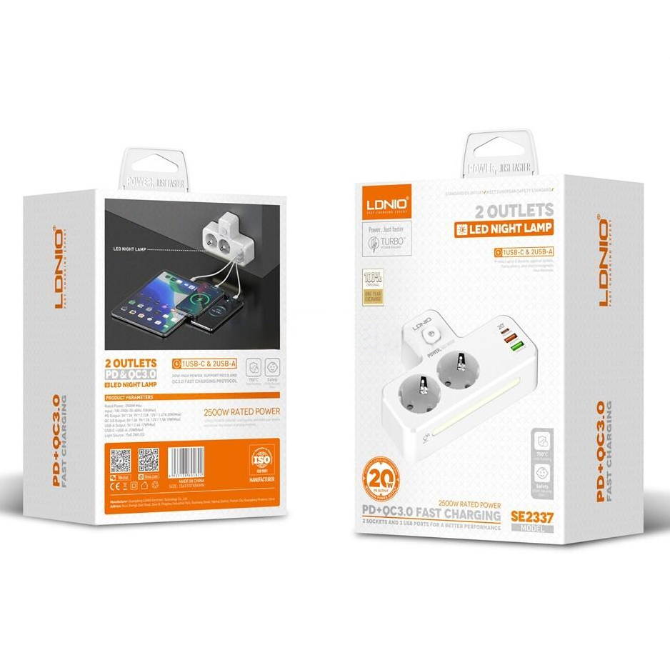Produzni kabl LDNIO SE2337 2500W (lopov) EU 2 uticnice + 2xUSB QC3.0 18W, PD 20W beli