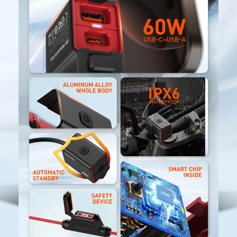 Punjac za motor LDNIO C108 QC 30W, PD 30W total power 60W crni