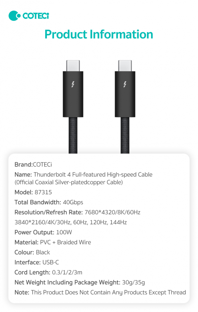 Data kabl Coteci Thunderbolt 87315 40Gbps 100W 8k PD Type C na Type C crni 1m