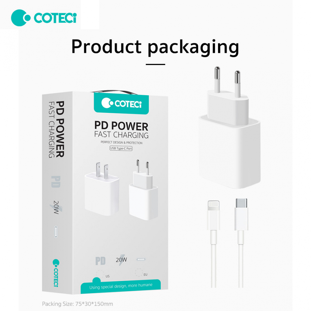 Kucni punjac Coteci CS5193 20W sa PD na lightning kablom beli