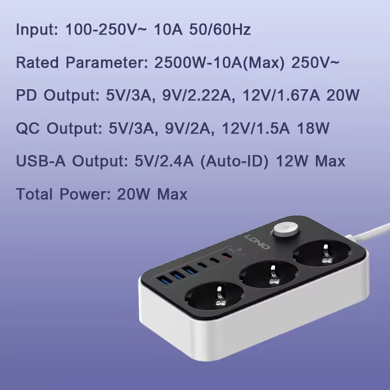 Produzni kabl LDNIO SE3631C 3 uticnice 3xUSB 3xPD beli 2m