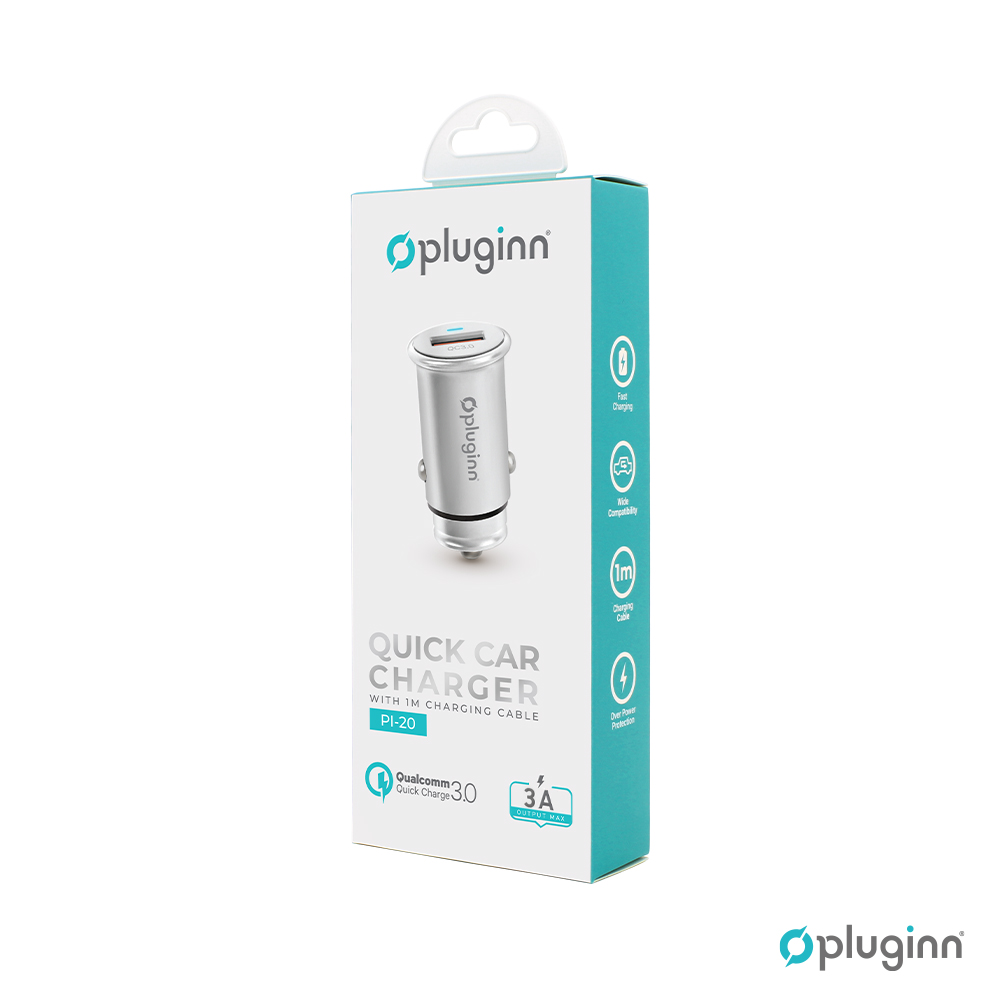 Auto punjac Pluginn PI-20 QC 3.0, 3A, 18W, sa Type C kablom srebrni
