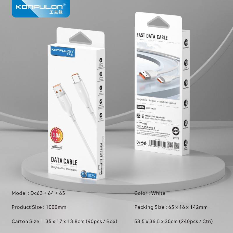 Data kabl KONFULON DC63, 3A, USB na micro USB beli 1m