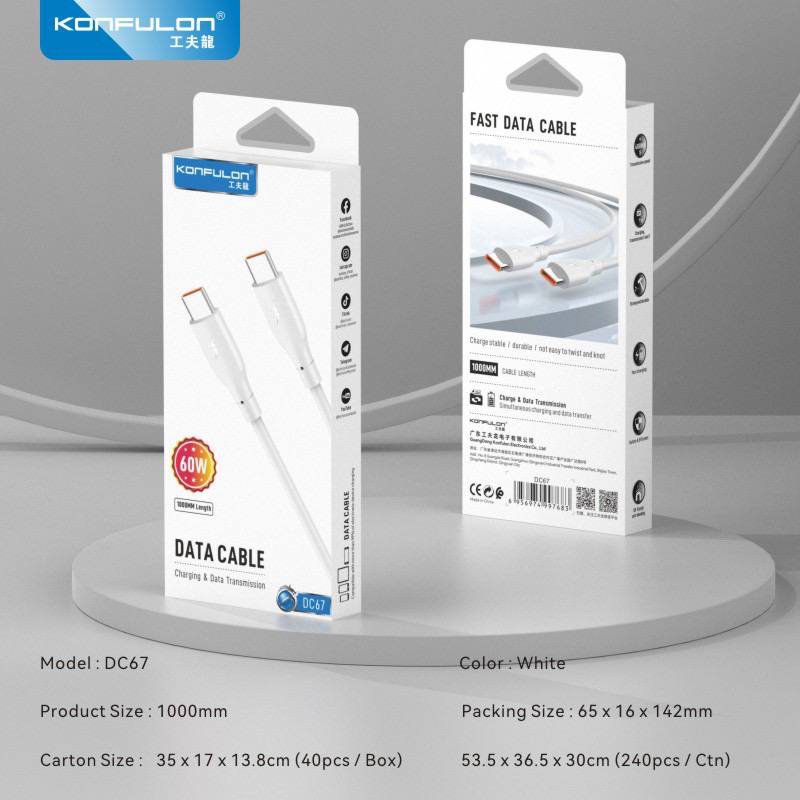 Data kabl KONFULON DC67, 60W, Type C na Type C beli 1m
