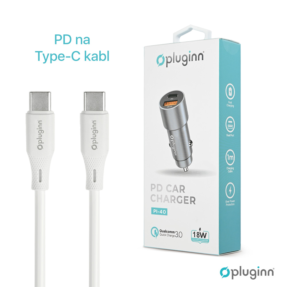 Auto punjac Pluginn PI-40, PD 20W, QC 3.0 18W, sa PD Type C kablom sivi