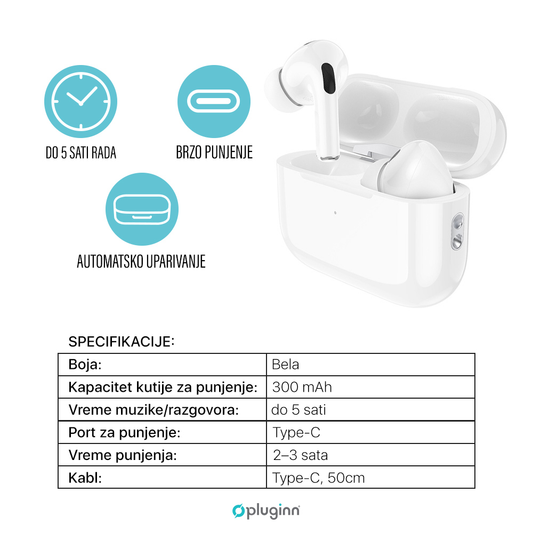 Bluetooth slusalice Pluginn Airbuds Pro bele