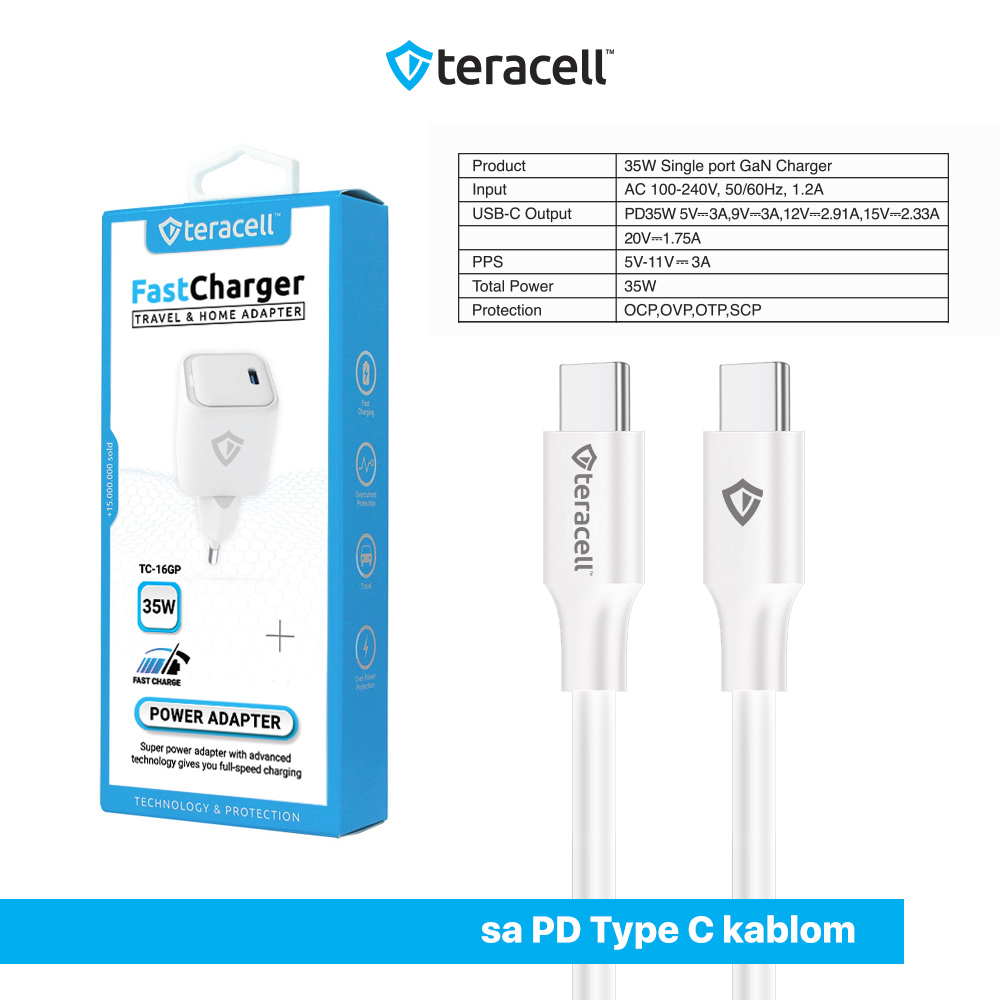 Kucni punjac Teracell Evolution TC-16GP, GaN, PD 3.0, 35W sa PD Type c kablom beli CE