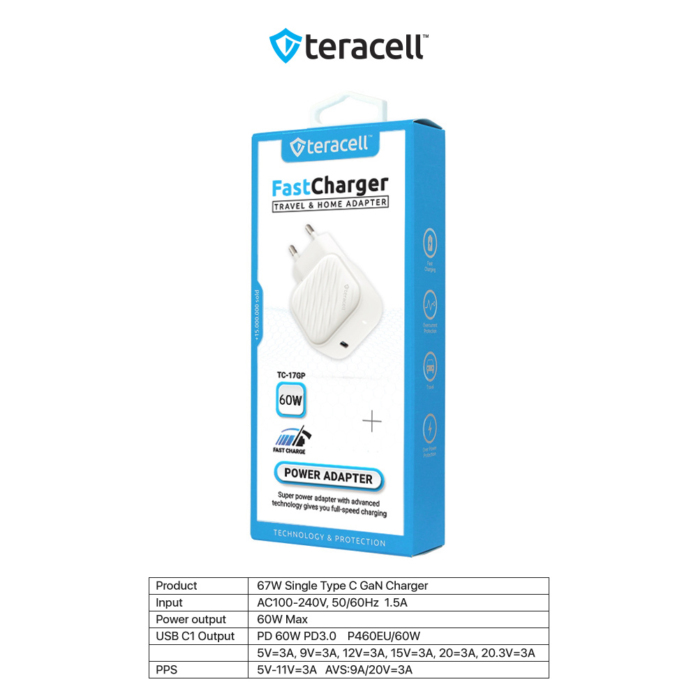 Kucni punjac Teracell Evolution TC-17GP, GaN, PPS, PD 3.0, 60W beli CE