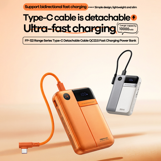 Power bank prenosiva baterija REMAX Range Series FP-122 22.5W sa integrisanim Type C kablom 10000mAh narandzasta