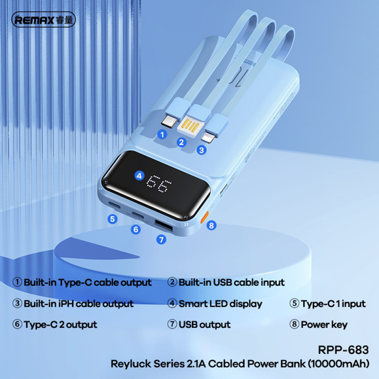 Power bank prenosiva baterija REMAX Reyluck Series RPP-683 2.1A sa integrisanim kablovima 10000mAh crna