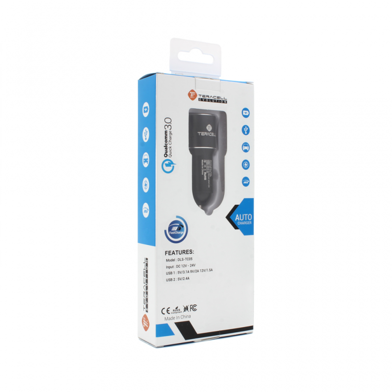 Auto punjac Teracell Evolution TC-05 2xUSB QC3.0 2.4A sa iPhone lightning kablom crni