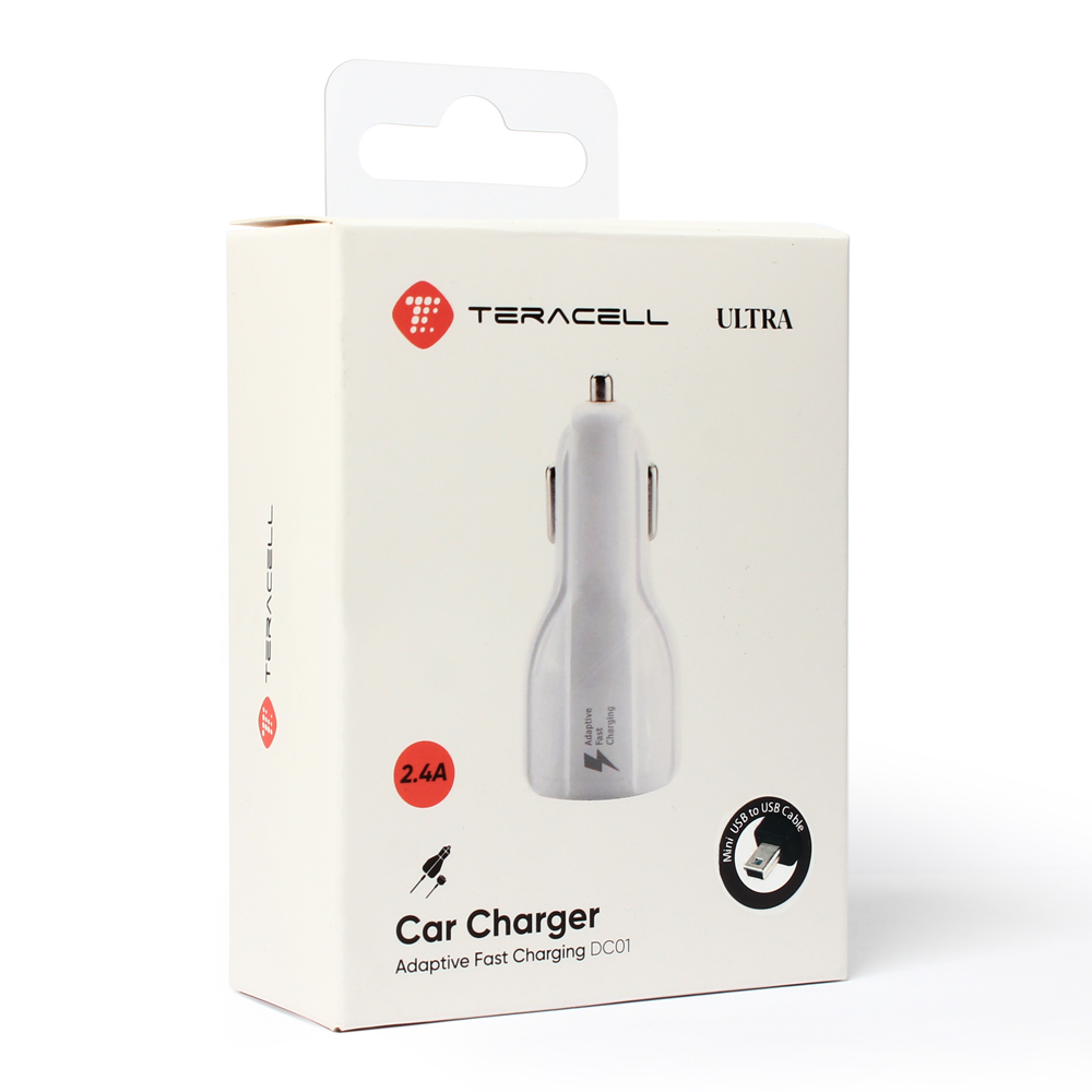 Auto punjac Teracell Ultra DC01 2.4A sa Mini USB kablom beli