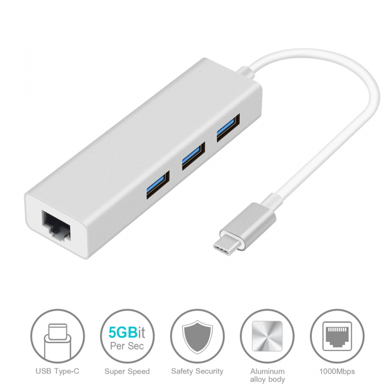 Adapter Type C na 3 USB 3.0 + RJ45 Gb JWD-T5 srebrni