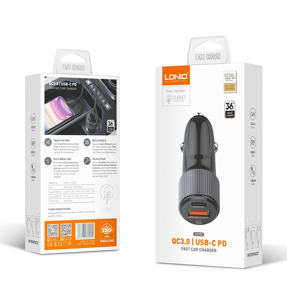 Auto punjac LDNIO C510Q PD/QC3.0 38W sa Type C na iPhone lightning kablom