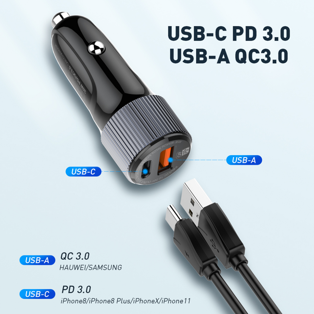 Auto punjac LDNIO C510Q PD/QC3.0 38W sa Type C na iPhone lightning kablom