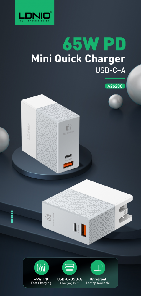 Kucni punjac LDNIO A2620C PD+QC3.0 65W sa Type C na Type C kablom