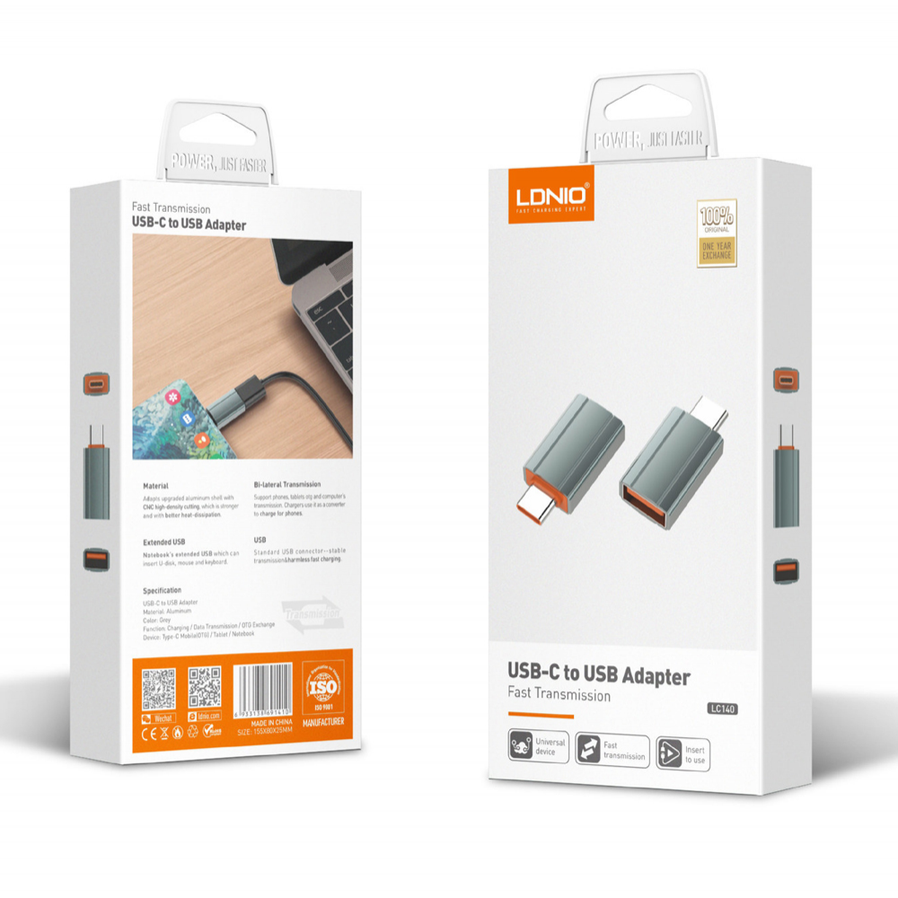 Adapter LDNIO LC140 USB na Type C sivi