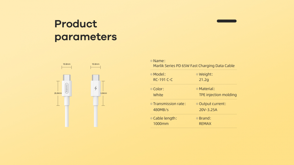 Data kabl REMAX RC-191 Fast Charging PD 65W Type C na Type C beli