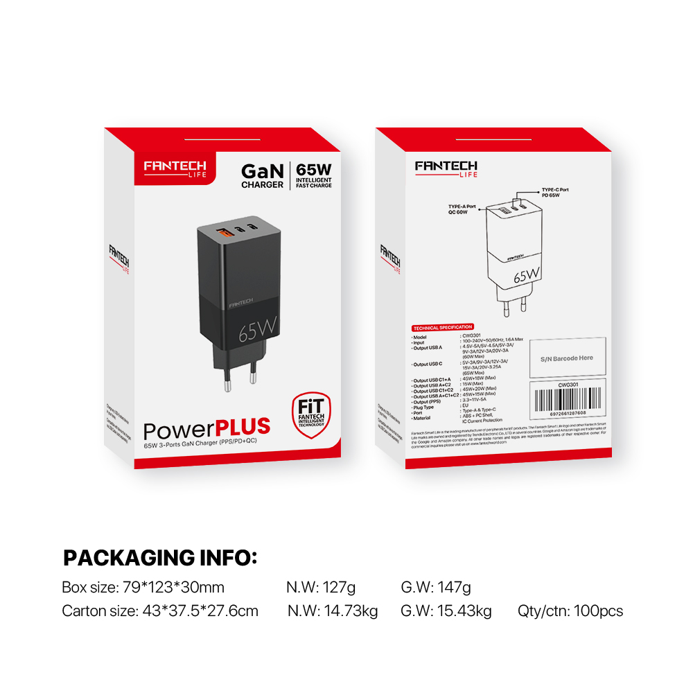 Kucni punjac Fantech CWG301 2xPD + QC 65W crni