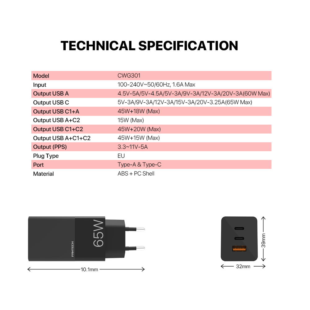 Kucni punjac Fantech CWG301 2xPD + QC 65W crni