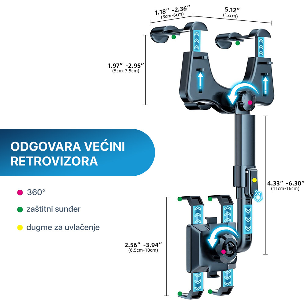 Drzac za mobilni telefon za retrovizor  4.7" - 6.7"