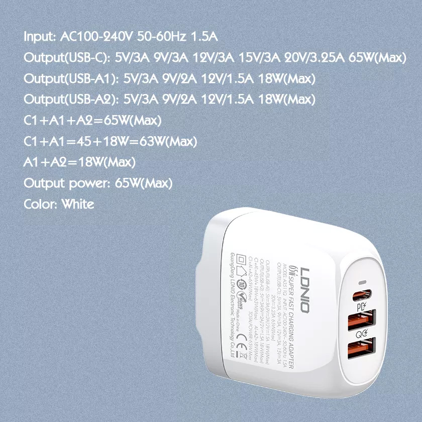 Kucni punjac LDNIO A3511Q PD, QC4+, QC3.0, PPS, 65W Type C na Type C
