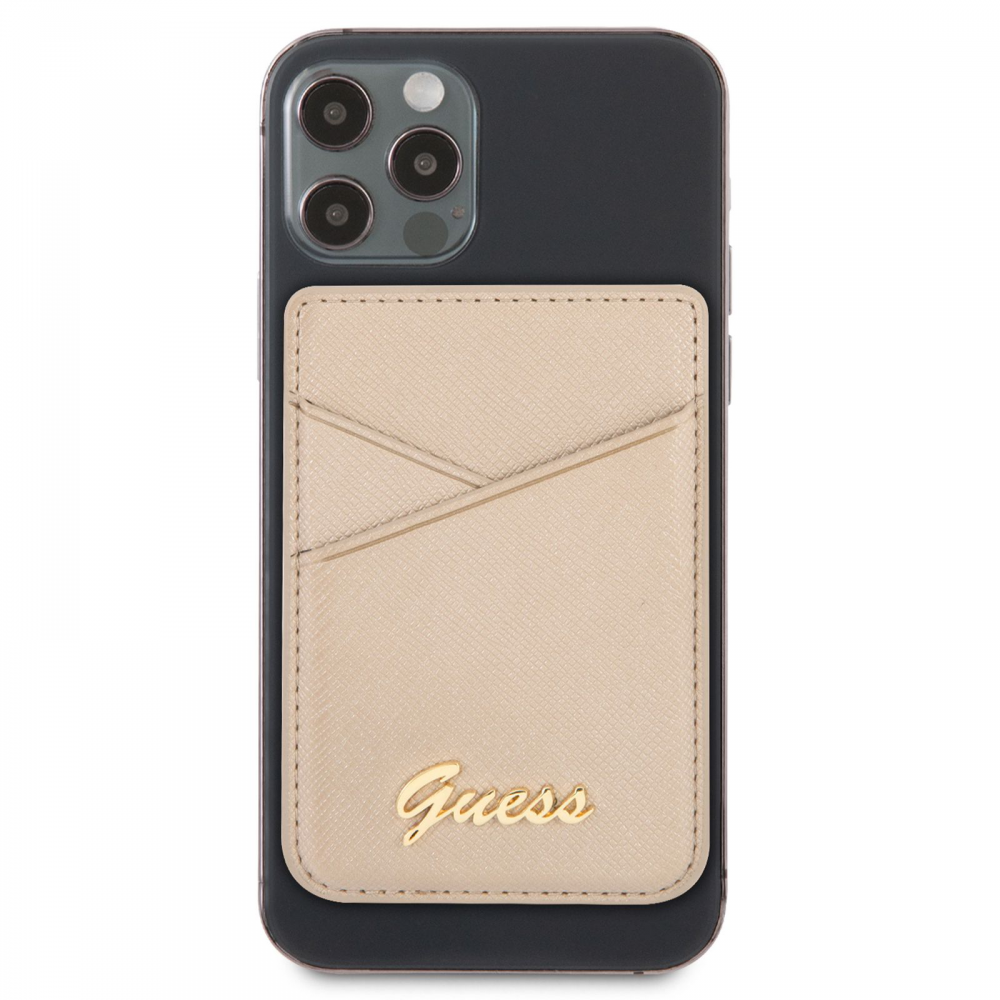 Torbica za kartice Guess Wallet Cardslot Sticker 3M Saffiano Script zlatna (GUCHSSAGO)