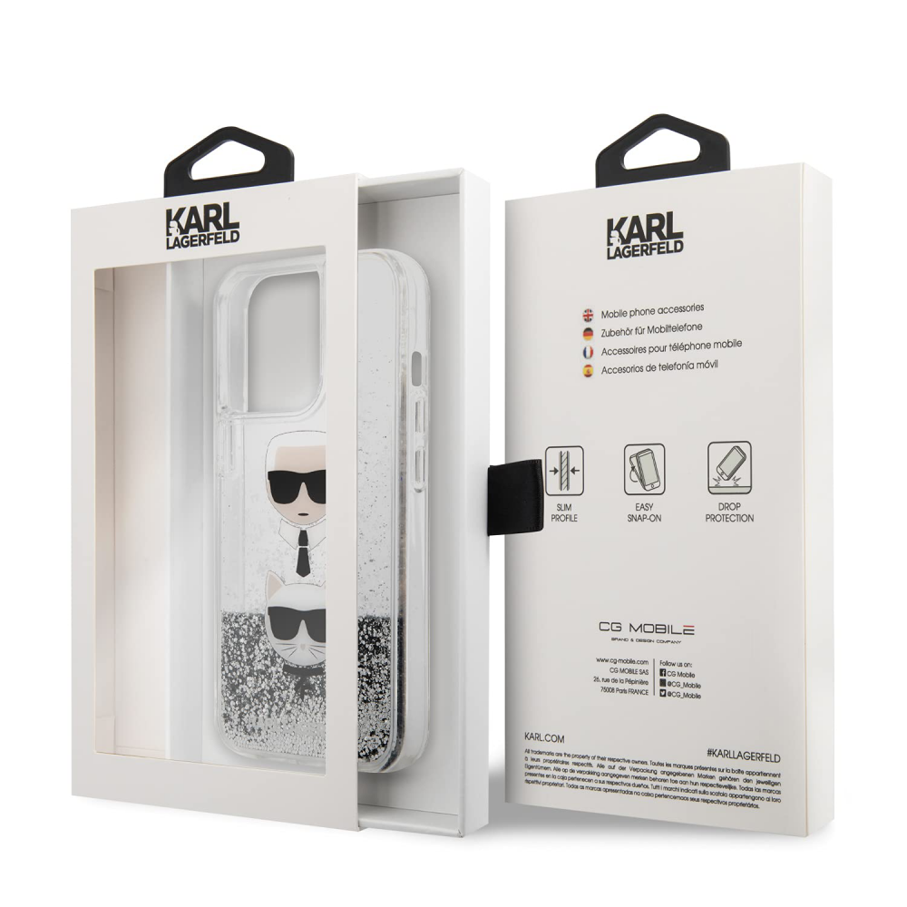 Torbica Karl Lagerfeld Hc Liquid Glitter 2 Heads za iPhone 14 Pro 6.1 srebrna (KLHCP14LKICGLS)