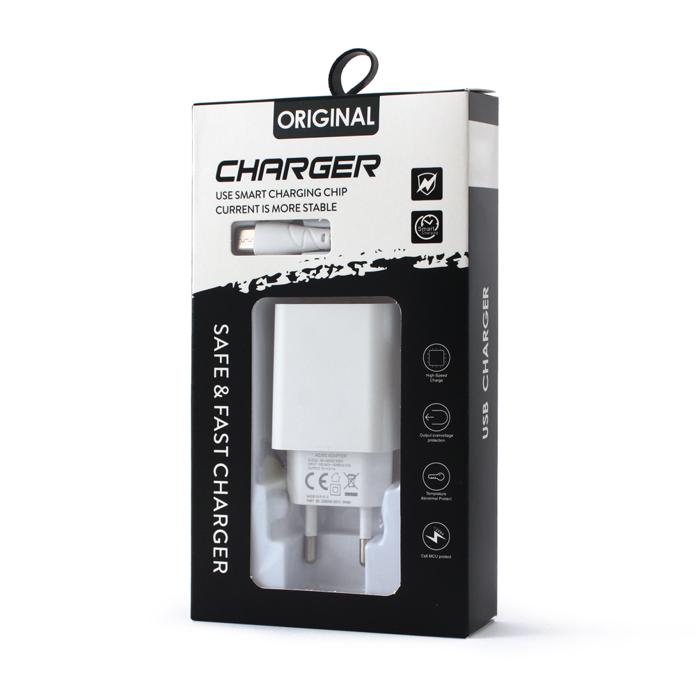 Kucni punjac 2.1A sa USB na micro USB kablom CE beli