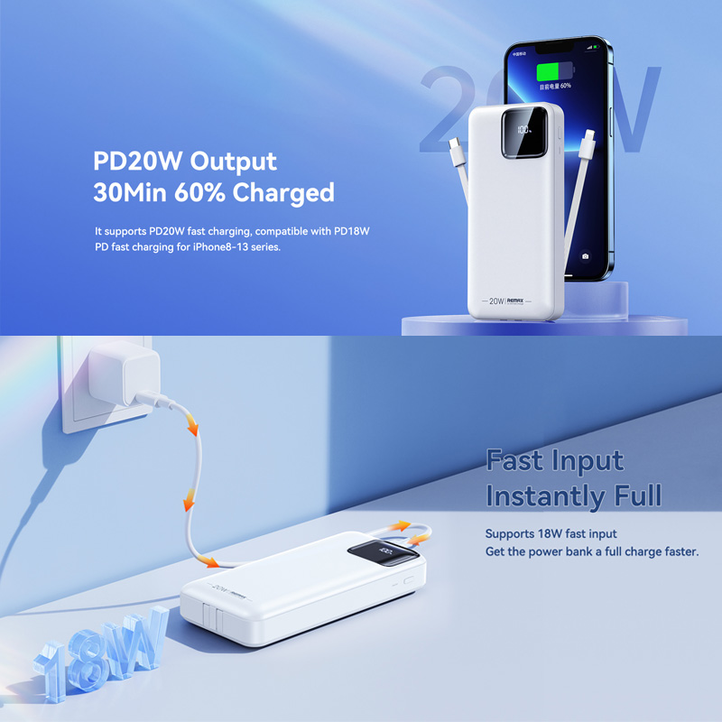 Power bank prenosiva baterija REMAX Suji Series RPP-513 20W+22.5W PD+QC 20000mAh bela