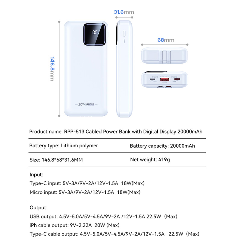 Power bank prenosiva baterija REMAX Suji Series RPP-513 20W+22.5W PD+QC 20000mAh bela