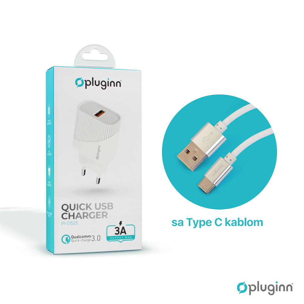 Kucni punjac Pluginn PI-D52S, QC3.0 18W sa Type C kablom beli CE