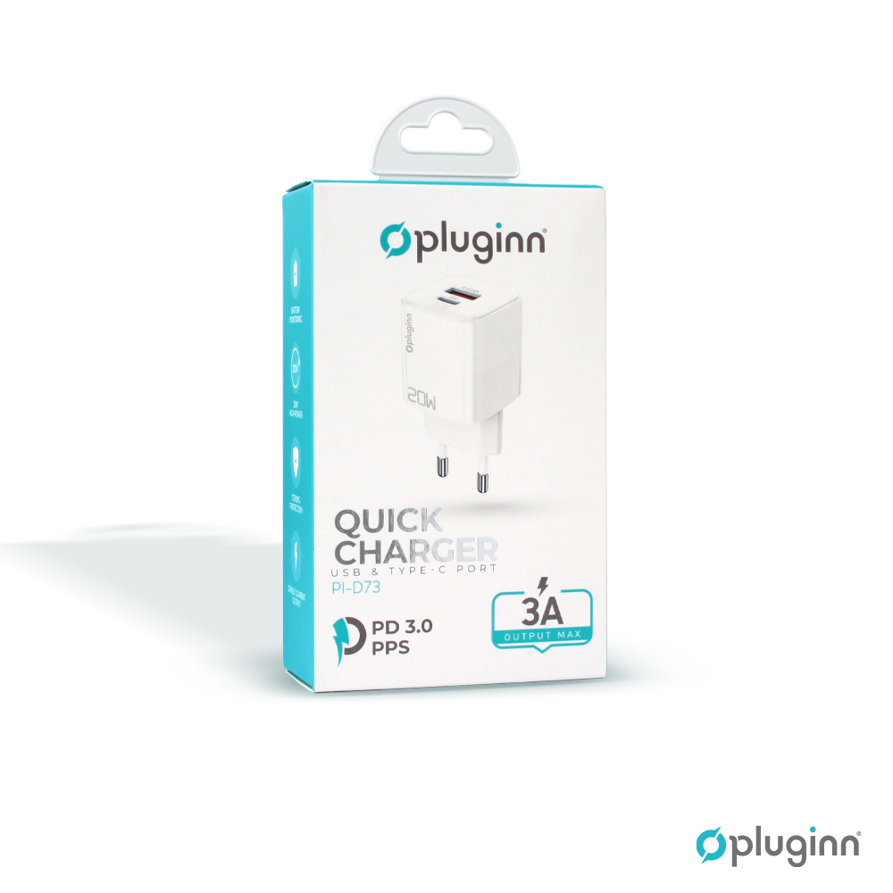 Kucni punjac Pluginn PI-D73, QC3.0 PD3.0, PPS, USB-PD 18W+20W, 38W (total) beli CE