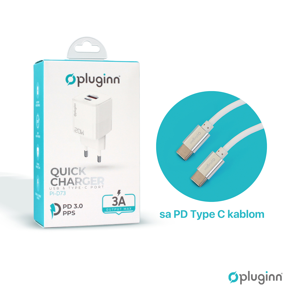 Kucni punjac Pluginn PI-D73, QC3.0 PD3.0, PPS, USB-PD 18W+20W, 38W (total) sa PD Type C kablom beli CE