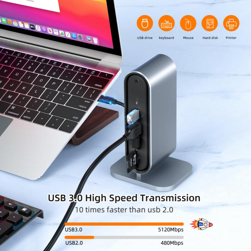 Adapter Type C na LAN Gb, SD card, TF, PD, Type C, 4xUSB 3.0, Audio, HDMI i VGA 12 u 1 sa postoljem