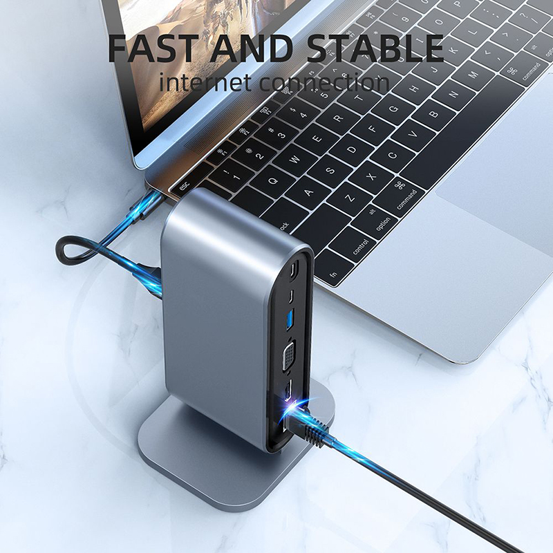 Adapter Type C na LAN Gb, SD card, TF, PD, Type C, 4xUSB 3.0, Audio, HDMI i VGA 12 u 1 sa postoljem