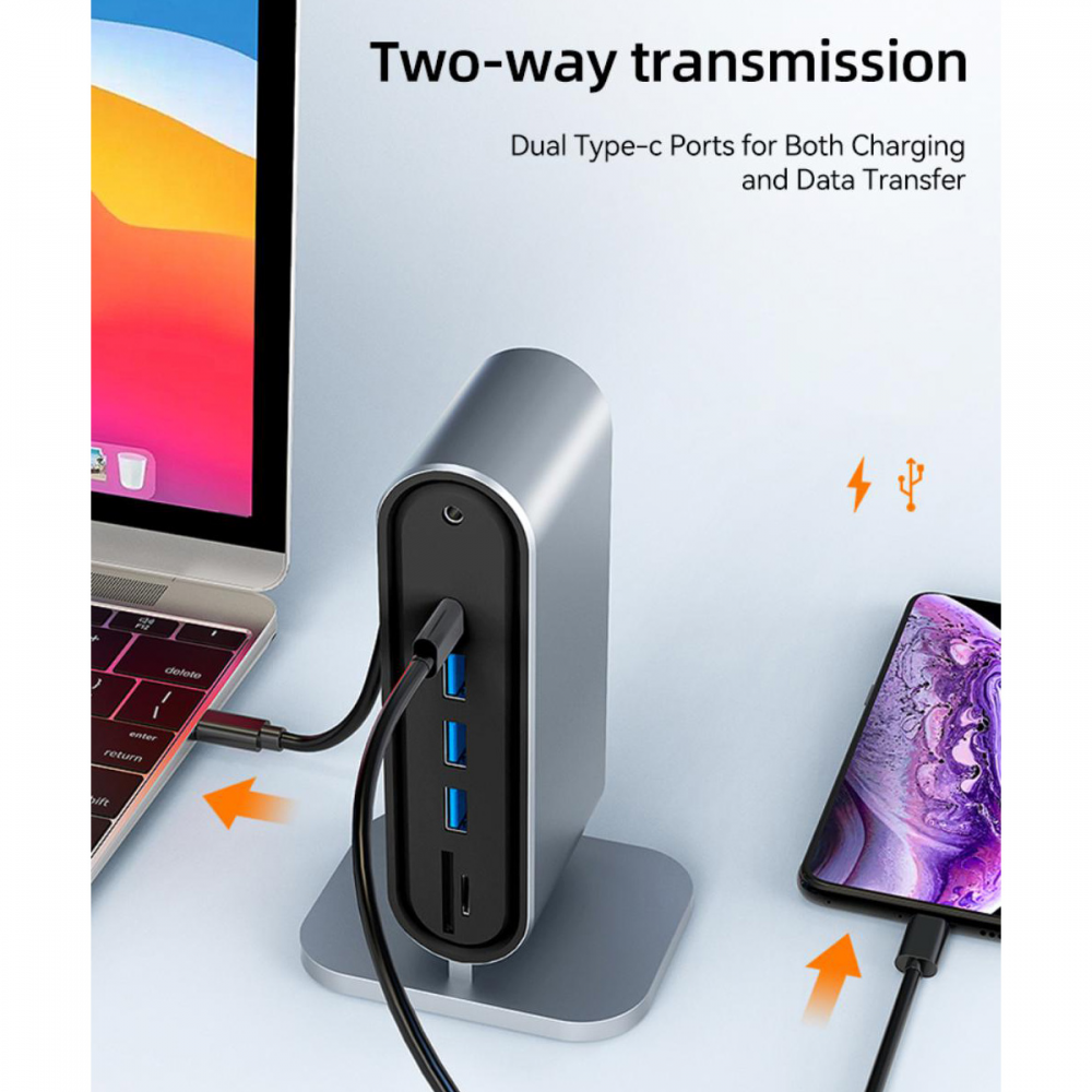 Adapter Type C na LAN Gb, SD card, TF, PD, Type C, 4xUSB 3.0, Audio, HDMI i VGA 12 u 1 sa postoljem
