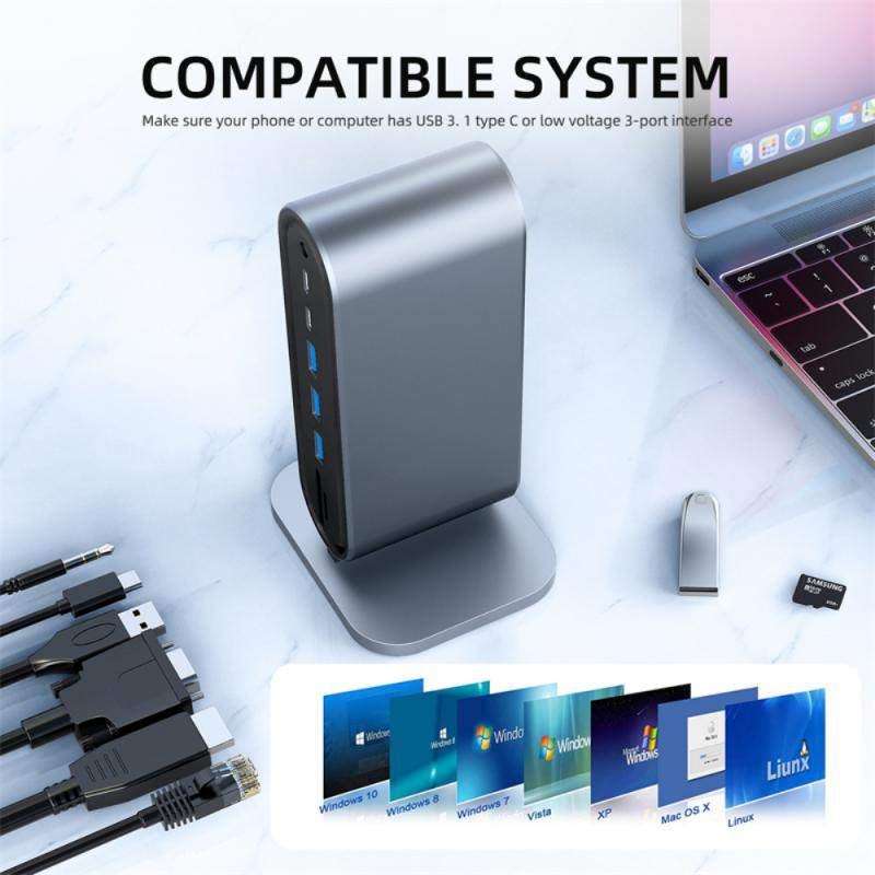 Adapter Type C na LAN Gb, SD card, TF, PD, Type C, 4xUSB 3.0, Audio, HDMI i VGA 12 u 1 sa postoljem